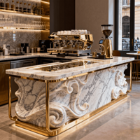 Design de café moderne et confortable avec éléments graphiques en métal sur mesure, éclairage chaleureux, sièges lounge confortables
