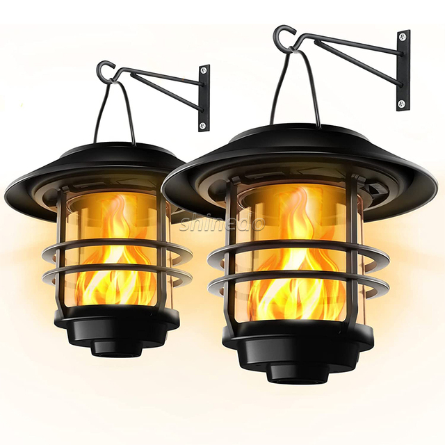 Solar Lantern Outdoor Hanging Wireless Waterproof Flickering Flames Lantern Lights With Wall Mount Kit for Garden Porch Fence