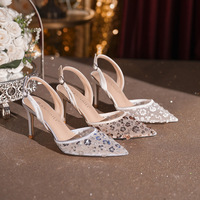 Escarpins de soirée pour femme, grandes tailles 33-41, en maille et dentelle, à bride arrière, ornés de fleurs et de perles, à bout pointu, pour mariage et mariée