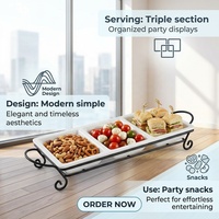 Plateau de service en céramique blanche à 3 compartiments avec poignée en métal noir, plateau moderne pour collations, fruits et desserts pour la maison, la cuisine et les fêtes