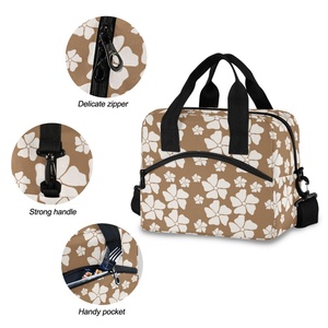 Hawaiian Brown/<b>White</b> Floral Design Adults Water Resistant Nylon <b>Small</b> Lunch Cooler <b>Bags</b> Custom Lunch <b>Bag</b> with Shoulder Straps - Product Image 5