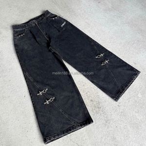 Pantalon en jean vintage coupe large et évasée, délavé à l'acide, avec crochet de fixation personnalisé et boucle de pompier, en denim épais, style baggy - Product Image 2