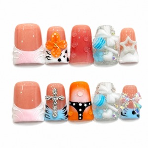 Faux ongles à presser faits à la main, 10 pièces, en acrylique, carrés, couvrants, avec colle, pour femmes et enfants - Product Image 1