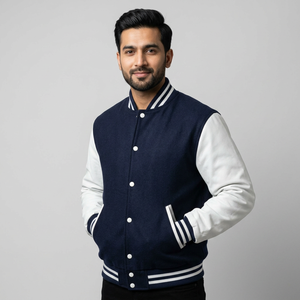 Customized Men's Navy Blue Varsity <b>Jacket</b> White Leather Sleeves Plain Casual Sports Baseball Bomber Style Featuring <b>Patch</b> - Product Image 1