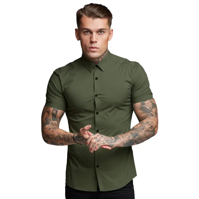 Herren Mode Casual Kurzarm Solid Shirt Super Slim Fit Männlich Social Business Dress Shirt