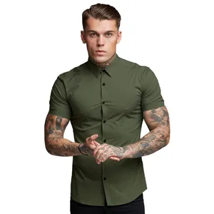 Men Fashion Casual Short Sleeve Solid Shirt Super Slim Fit Male Social Business Dress Shirt