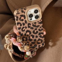 Nouvelle coque de téléphone marron noir imprimé léopard avec cadre kaki pour iPhone 17 16 15 14 Pro Max, avec chaîne de perles et cœurs à franges