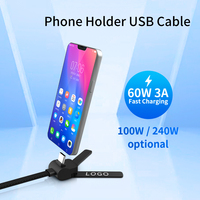 Kabel Pengisian Cepat USB-C PD 60W 3A dengan Penyangga Ponsel Lipat 1m Kabel Sinkronisasi Data OTG Nilon Terjalin Konduktor Tembaga Murni