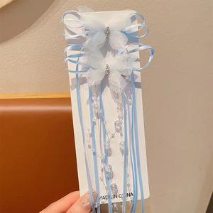 Klip rambut kupu-kupu lucu aksesori rambut pesta plastik poni kecantikan anak perempuan manis gaya balet manik-manik pita rumbai panjang - Product Image 3
