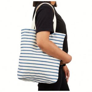 Custom Daily Life School Class <b>Lightweight</b> Reusable Blue Shopping Shoulder <b>Bag</b> Striped Tote <b>Bag</b> Canvas - Product Image 1