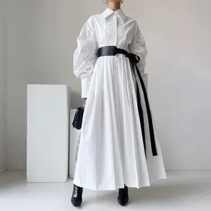 Diskon besar desain asli gaun Maxi panjang musim gugur berlipat keliman besar lengan panjang untuk wanita 8274