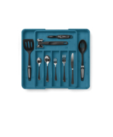 Organisateur de couverts bleu-blanc-bambou pour tiroir, organisateur d'ustensiles de cuisine extensible pour tiroirs de cuisine