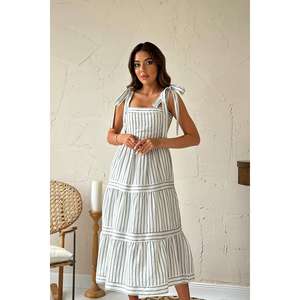 Vestido casual de menta con hombros descubiertos, a rayas, cintura elástica, línea A, con volantes, tejido transpirable para uso diario - Product Image 4