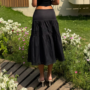 Dark Gothic Punk Style Women's Breathable Natural Waist Midi <b>Skirt</b> High Quality Lace Trim Loose A-Line Casual Streetwear - Product Image 6