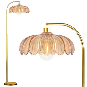Lampadaire bohème avec abat-jour en verre rose, corps en laiton, hauteur réglable, source de lumière LED pour la décoration du salon et de la chambre - Product Image 5