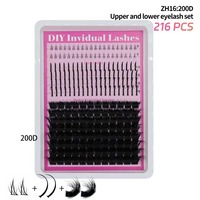 Extensions de cils 216 bouquets, 16 rangées, 3 styles, boîte complète, effet mixte effilé et volumineux, cils supérieurs et inférieurs inclus