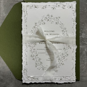 Custom Floral Embossed Gravure Printed <b>Wedding</b> Greeting Card with Torn Edges and <b>Ribbon</b> Tie Art Paper Design - Product Image 1