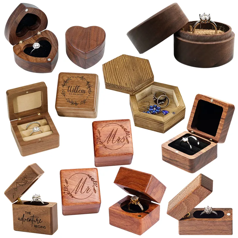 Caja de anillos de madera maciza, joyería personalizada de varias formas, caja de anillos de boda de doble ranura de madera