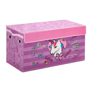 Cute Collapsible Durable Canvas Unicorn Children Toy Storage Trunk Box Organizer For Kids Girls Boys Playroom With Lid