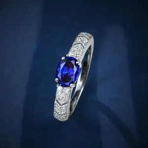 خواتم الياقوت الأزرق البيضاوي من الفضة الإسترليني ، خاتم الخطوبة من حجر الميلاد ، خاتم الزواج من الزركون