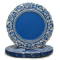 Assiette de présentation ronde en plastique bleu, décorative, avec bord doré en relief, pour mariage et réception