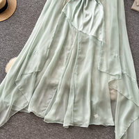 Robe midi sans manches style vacances d'été à la française avec cape transparente à manches longues pour femme