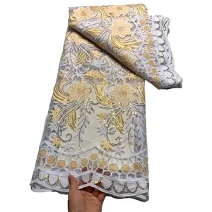 HFX 2023最新非洲雪纺绳蕾丝面料配亮片高品质法国刺绣牛奶丝桂纯蕾丝面料