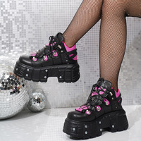 Bottes plateforme gothiques punk légères noires et roses avec logo personnalisé CHENO pour femmes