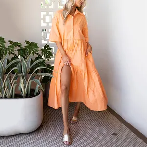 Maxivestido de algodón con botones transparentes, prenda con bolsillos delanteros y laterales, color naranja, para verano, venta al por mayor de fábrica