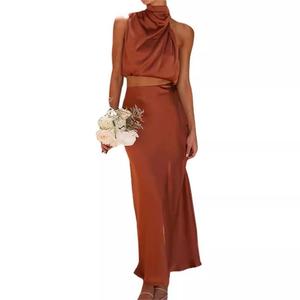 New Spring Summer Satin Solid Short Slim Casual Women's Dresses Two Piece Sets with Pleated Stand Collar - Product Image 2