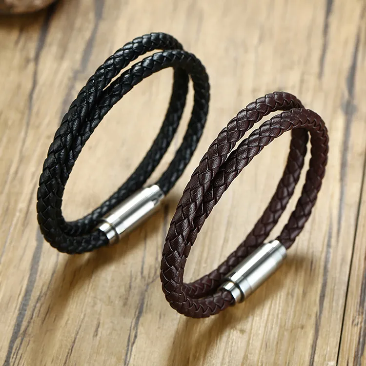 2020 New arrivals Mens Vòng đeo tay bằng da nam châm mạnh mẽ Clasp đen nâu bện da bọc Vòng đeo tay cho món quà