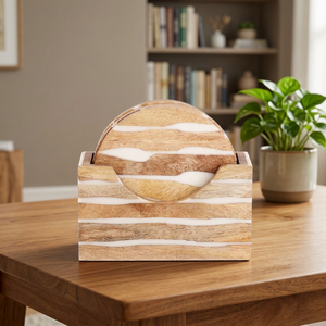 Ensemble de 4 dessous-de-verre ronds en bois avec incrustations en os, faits à la main, luxueux, écologiques, épaisseur 5 mm, style classique, décoration moderne pour la maison - Product Image 1