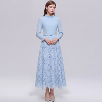 Nouvelle Arrivée Robe Longue Élégante Décontractée pour Femme avec Col Montant et Dentelle Patchwork Coupe Trapèze