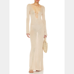 女性用ハイウエストネックラインスリットドレス、メッシュロングスリーブ、深いVネック、タイ付き、ビーチカバー、UVカット、通気性、100％レーヨン素材 - Product Image 1