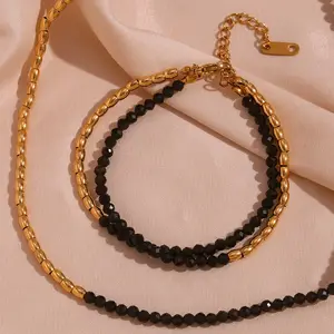 Vintage Stainless Steel 18k Gold Plated Black Beads Chain Necklace Bracelet Trendy Jewelry Cutting Black Obsidian Beaded Chain