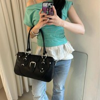 Sac à bandoulière rétro grande capacité en PU avec fermeture éclair, style biker, pour femme, à porter à l'épaule ou sous le bras, avec deux sangles, idéal pour les trajets quotidiens et toutes occasions.