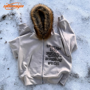 Felpe da uomo in cotone 100% felpe con <span class=keywords><strong>cappuccio</strong></span> in <span class=keywords><strong>pelliccia</strong></span> sintetica con cerniera 400gsm con stampa serigrafica personalizzata con Zip - Product Image 2