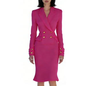 Women's Double-Breasted Blazer Dress - <strong>Gold</strong> Button Midi Sheath Womens <strong>Clothes</strong> Dresses Sehe Fashion - Product Image 2