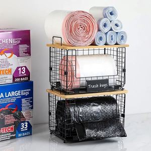 2 Pack <b>Storage</b> Stackable <b>Kitchen</b> Organizers with Bamboo Top Wall Mount Large Trash Bag Holder and Standard Garbage Bag Dispenser - Product Image 4