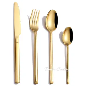 促销小最小起订量食品安全18/8不锈钢餐具套装镀金餐具套装和黑色手柄勺子叉