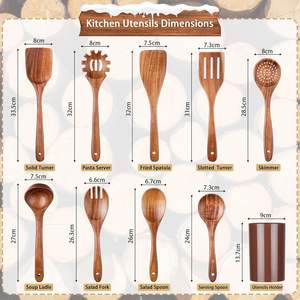 Ensemble de 9 ustensiles de cuisine en bois de teck naturel, finition miroir, manches longs, antiadhésifs, comprenant une cuillère à soupe et une spatule, idéal pour les réceptions - Product Image 2