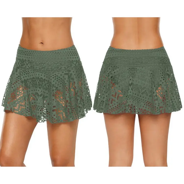 Unique Army Green Crochet Lace Swim Skirts Bikini Lingerie Panties, Custom Logo High Waist Swimsuit Skirt Bottom With Briefs