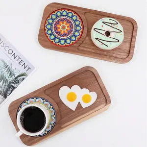 Wholesale Custom Acacia Wood Tray with Coaster Eco-Friendly Dinner Plates for Food Features Plant Pattern