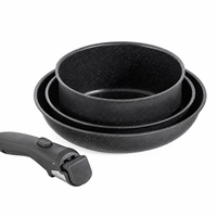 Ensemble de 3 ustensiles de cuisson empilables antiadhésifs avec poignée détachable, comprenant une marmite, une poêle et un wok en granit moucheté, avec couvercles en verre, gain de place