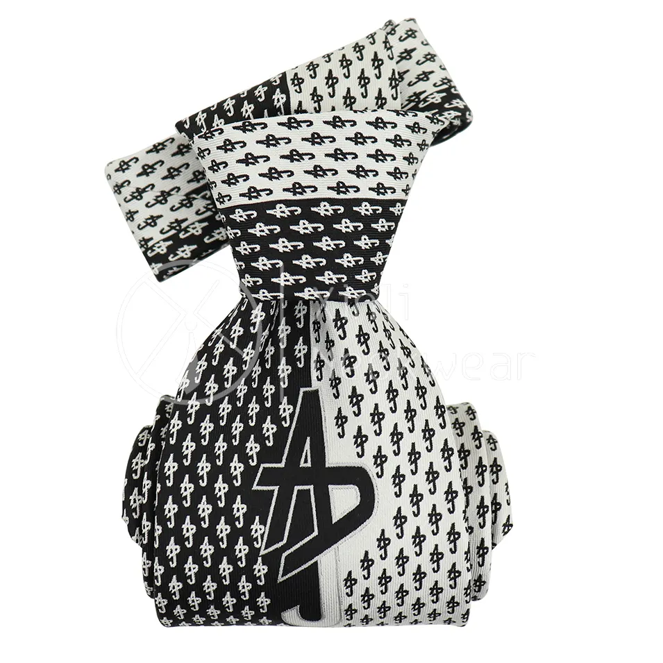 Personality Black White Geometric Allover Logo Men Panel Tie 100% Silk Woven Embroidered Stripe Customised Neckties