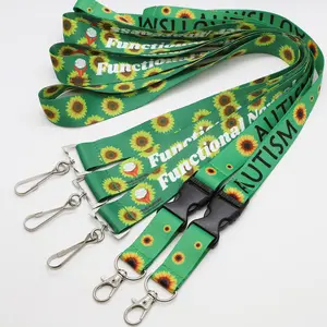 Custom Sublimated Sunflower Lanyard Promotional Polyester Keychain Lanyard With Breakaway Buckle