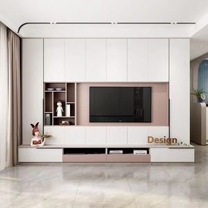 Moderna casa Hotel galleggiante in legno Tv armadi mobili Design soggiorno illuminazione a Led schermo a parete Tv Cabinet Design - Product Image 6