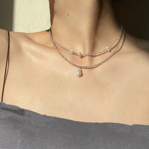 Collar de Perlas Keshi de Plata Natural Triturada de Doble Capa con Cristal de Cenicienta, Piedra Lunar Gris, Moda Femenina de Nicho - Product Image 1