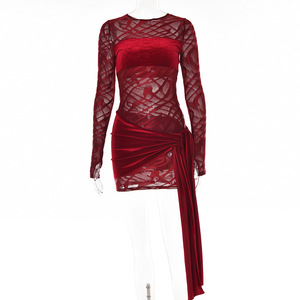 Women's Sexy See Through Dress Long Sleeve O Neck Bodycon Mini Skirt With Slit Velvet Panel Fashion Evening Wear - Product Image 5