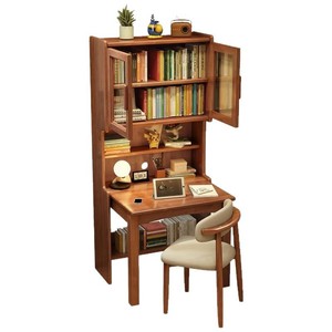 Escritorio plegable de madera maciza y estantería combinados para el hogar, oficina, estudio, apartamento pequeño, estilo moderno y sencillo, madera de caucho - Product Image 5